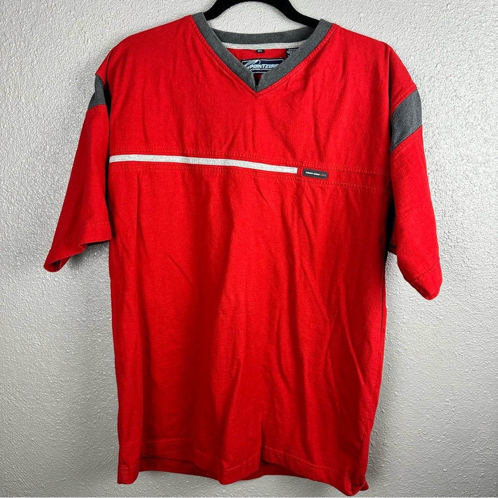 Vintage Point Zero Split V-Neck Shirt Short Sleeve Men’s XL Y2K Red Gray